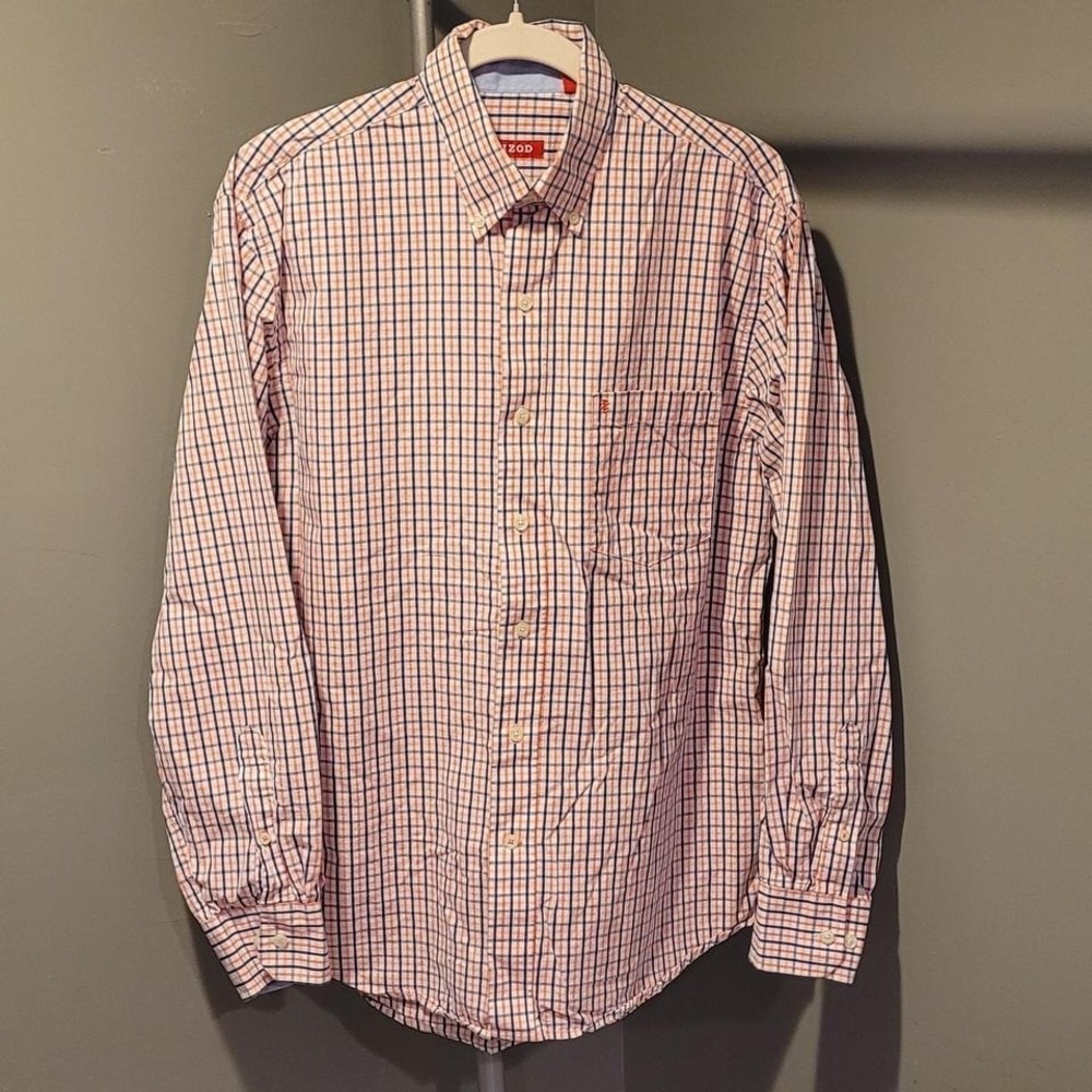 Izod Gingham 100% Cotton Button-Up Dress Shirt, Men's Size M, Orange Navy White